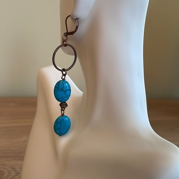 HAND CRAFTED HOOP EARRINGS SHOULDER DUSTER PIERCED Turquoise on Antiqued Copper - Picture 5 of 14